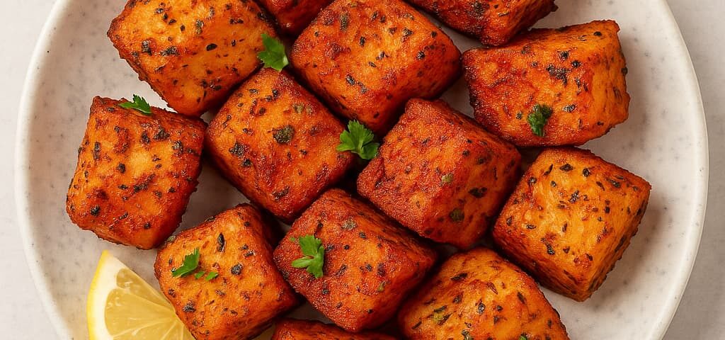 Blackened Salmon Bites with lemon slice in a plate