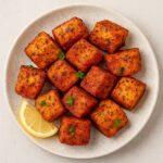 Blackened Salmon Bites with lemon slice in a plate