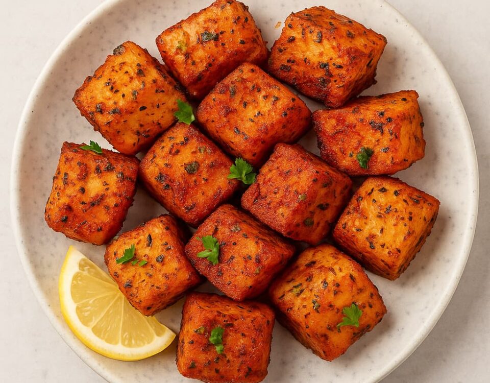 Blackened Salmon Bites with lemon slice in a plate