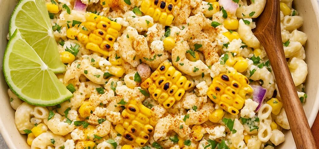 A plate of Elote Pasta Salad with some lime slices