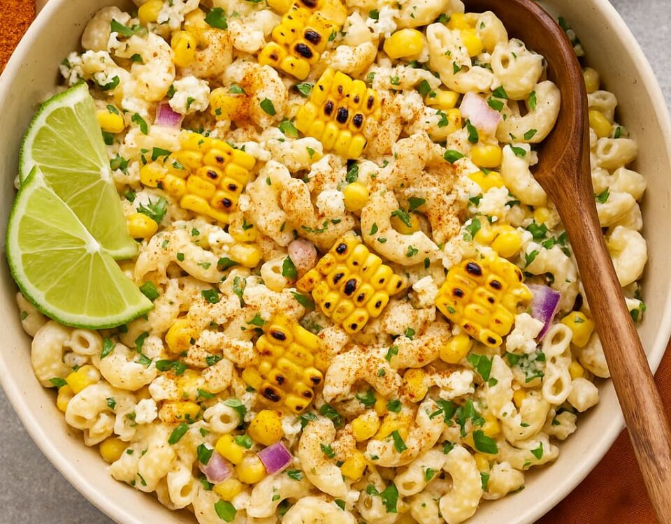 A plate of Elote Pasta Salad with some lime slices