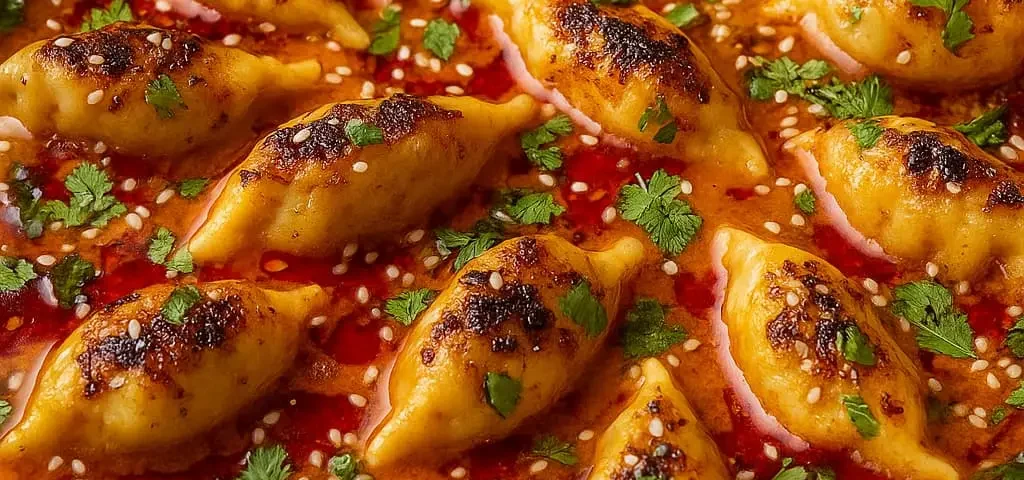 one pan of baked dumplings in sauce topped with cilantro