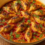 one pan of baked dumplings in sauce topped with cilantro
