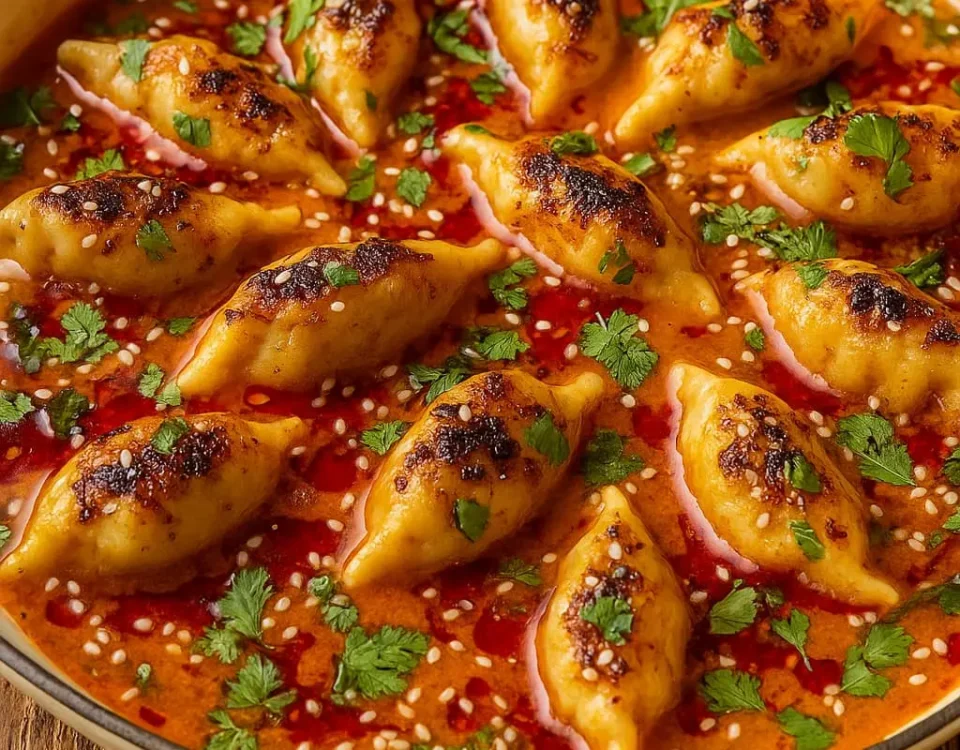 one pan of baked dumplings in sauce topped with cilantro