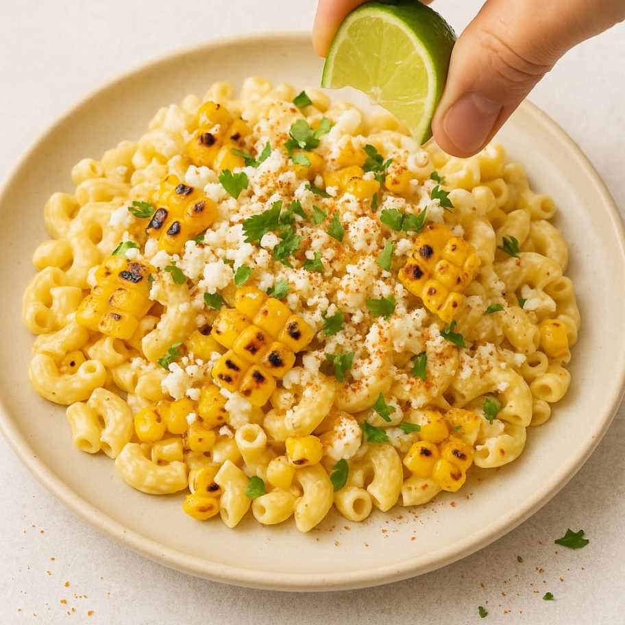 Elote Pasta In a Plate Elote Pasta Salad served in a plate