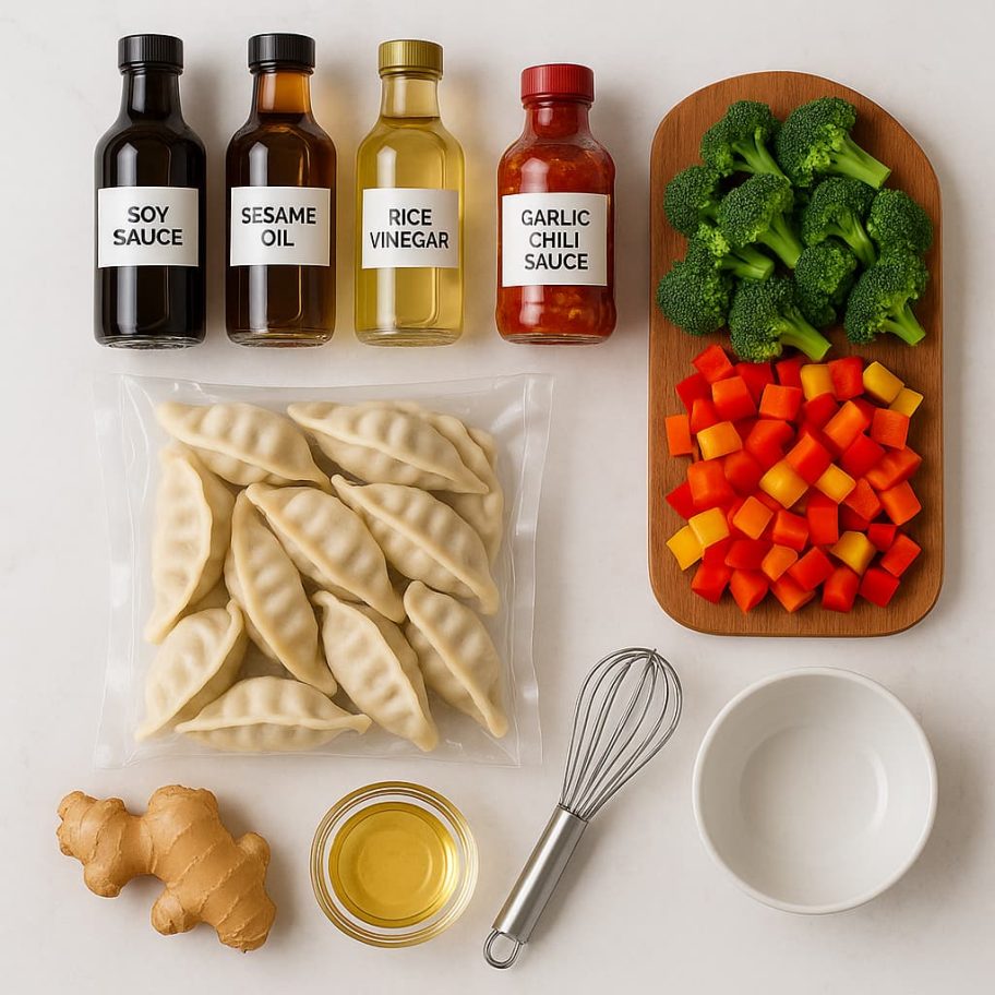 Ingredients an illustration of ingredients for a recipe featuring rice vinegar, sesame oil, garlic chilli sause and soy sauce with a bag of dumplings and chopped veggies